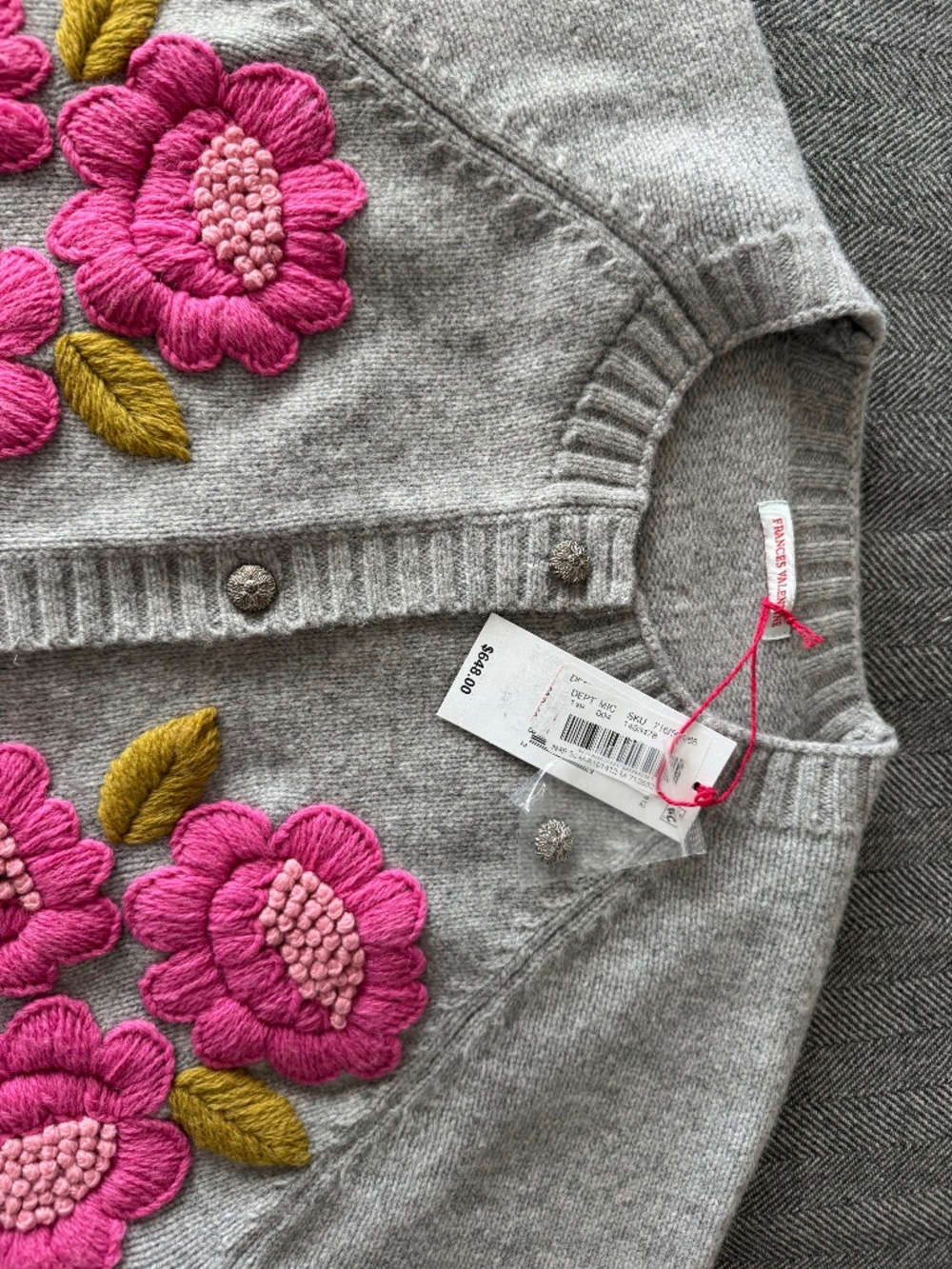 NWT, FRANCES VALENTINE, DARLING PINK EMBROIDERED FLORAL LAMBSWOOL SWEATER - Picture 4 of 12